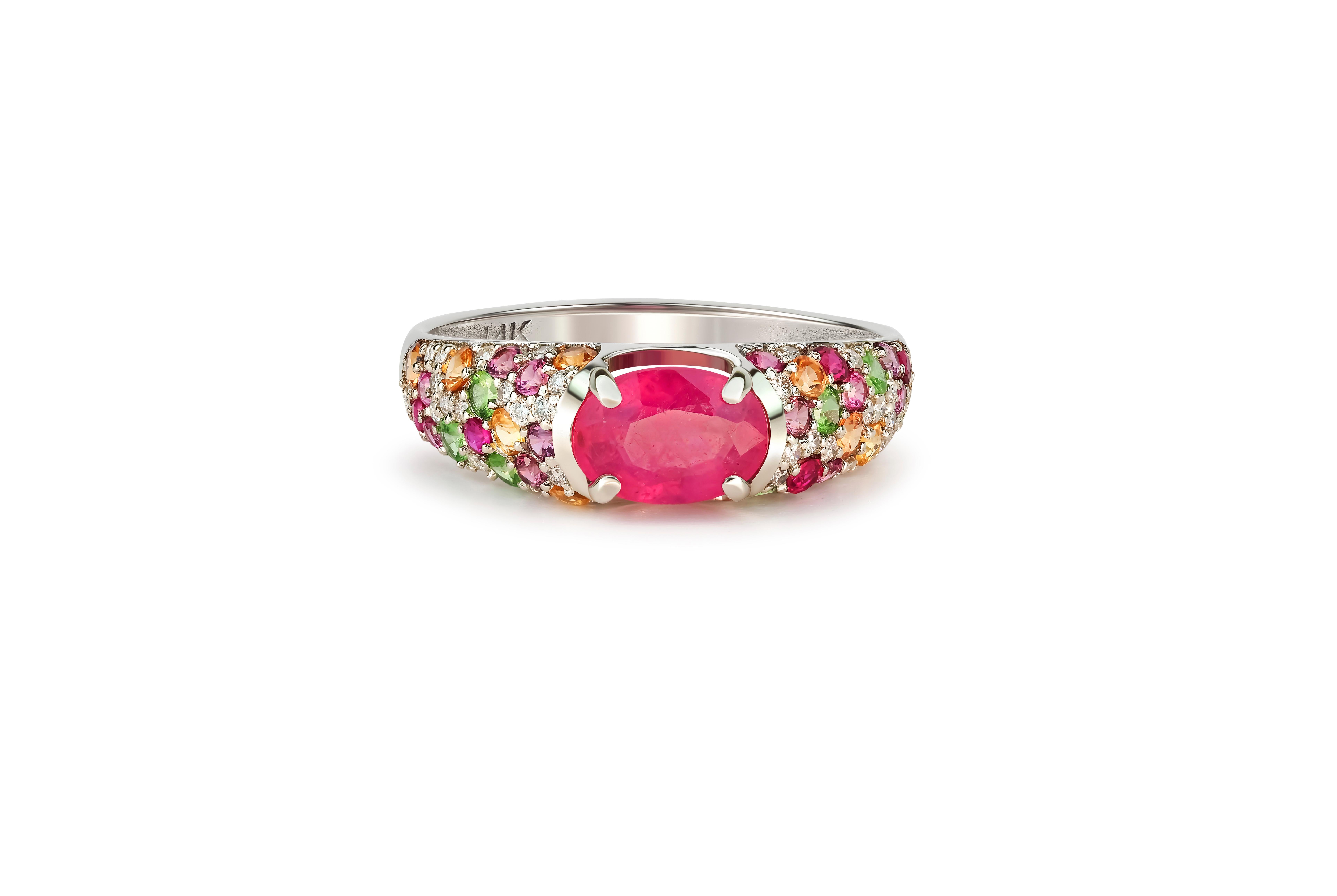 For Sale:  14k gold ruby and multicolored gemstones ring. 2