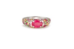 14k gold ruby and multicolored gemstones ring.