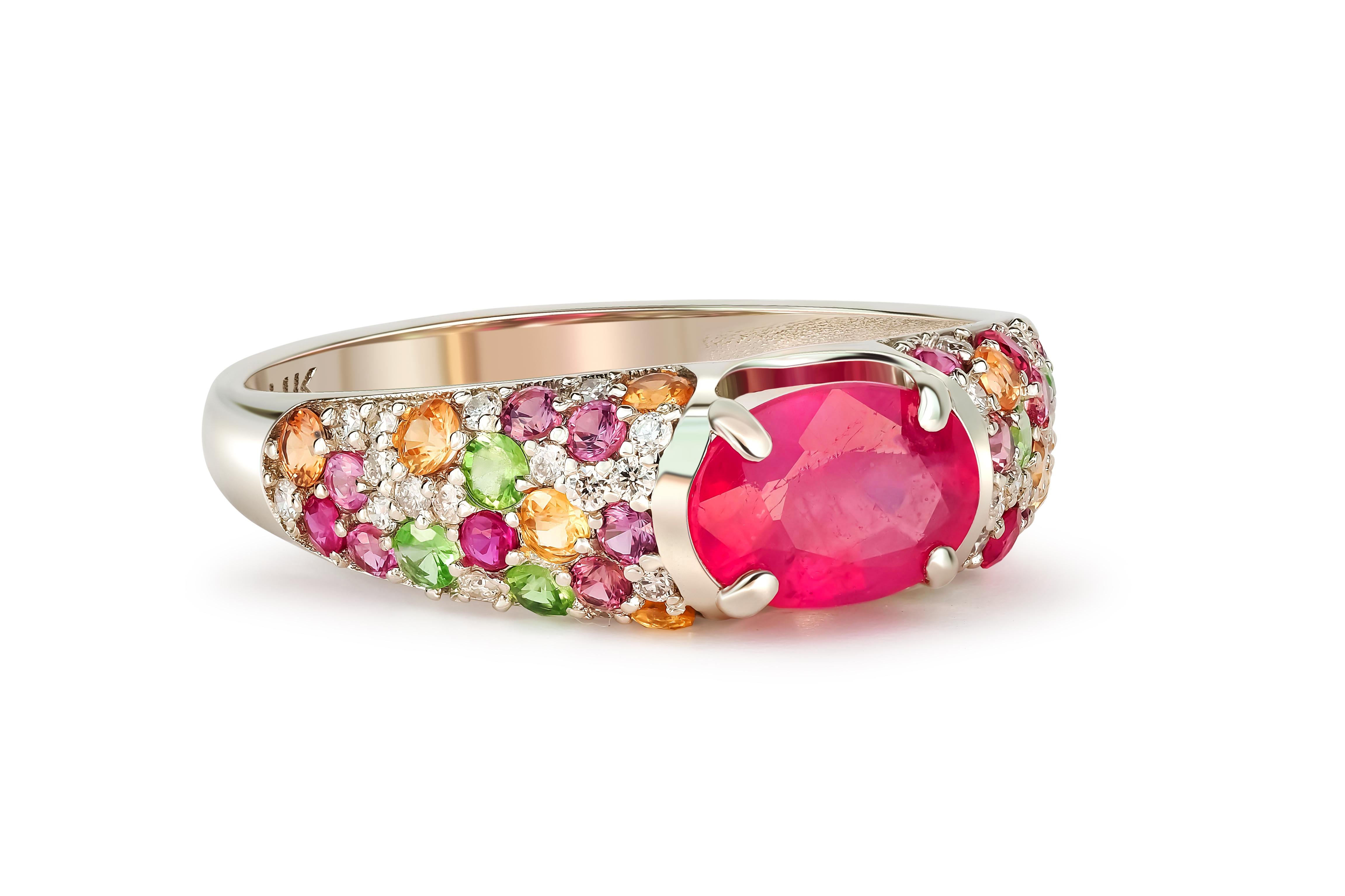 For Sale:  14k gold ruby and multicolored gemstones ring. 3