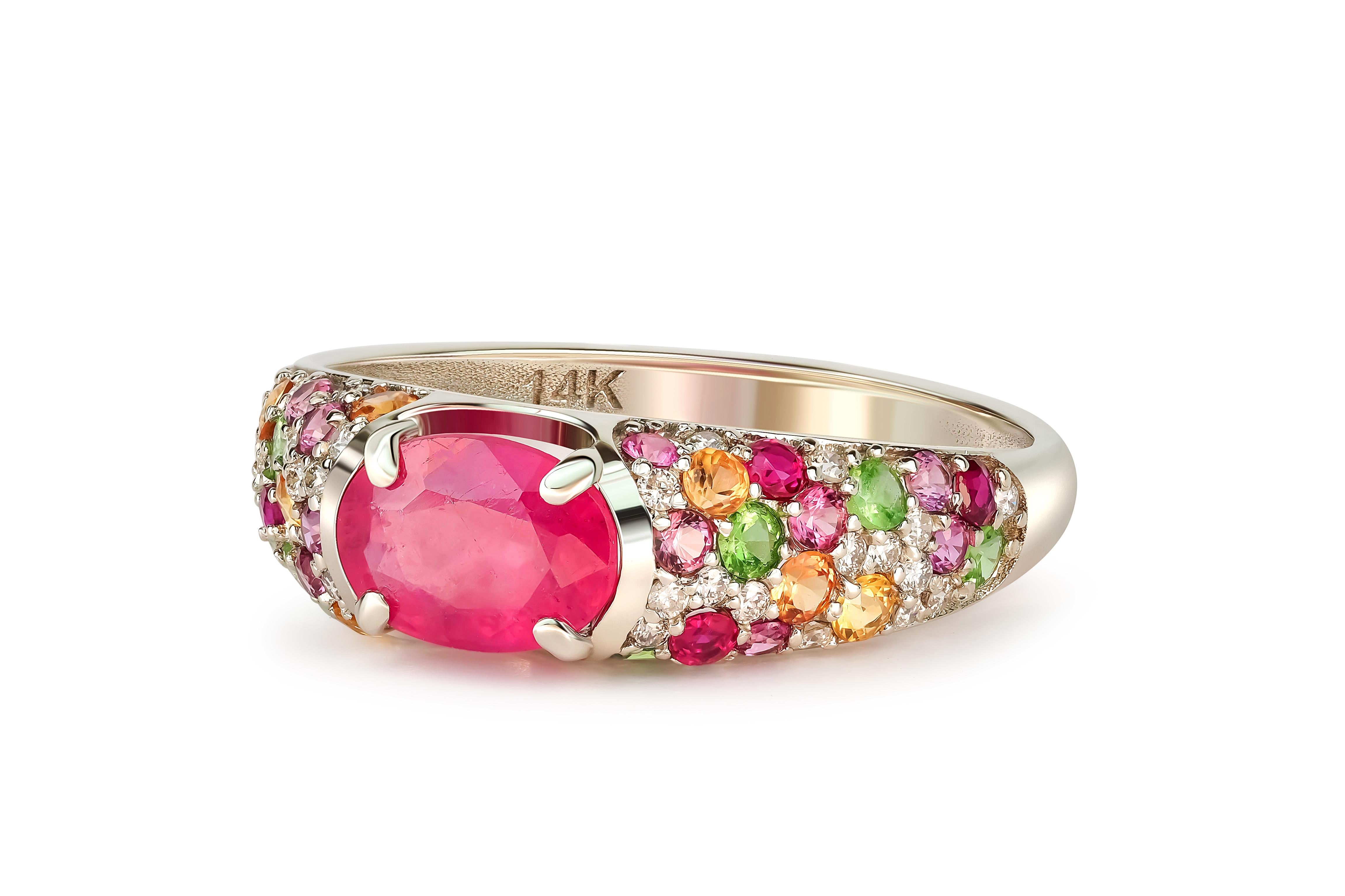 For Sale:  14k gold ruby and multicolored gemstones ring. 4