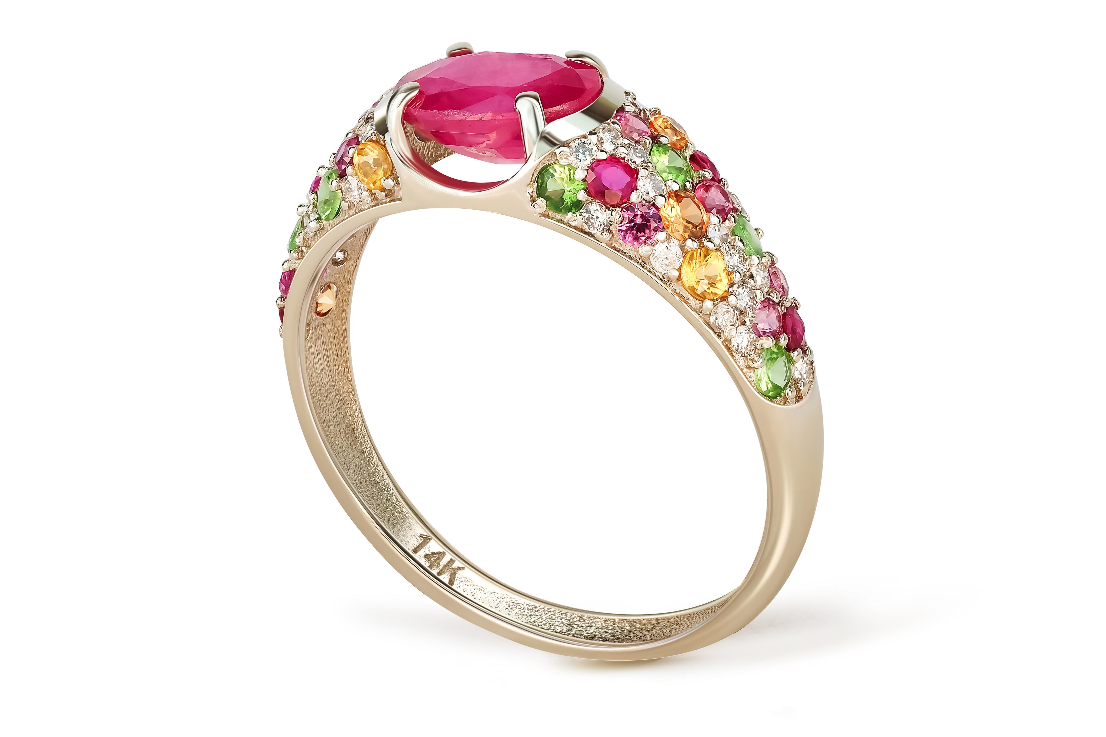 For Sale:  14k gold ruby and multicolored gemstones ring. 5