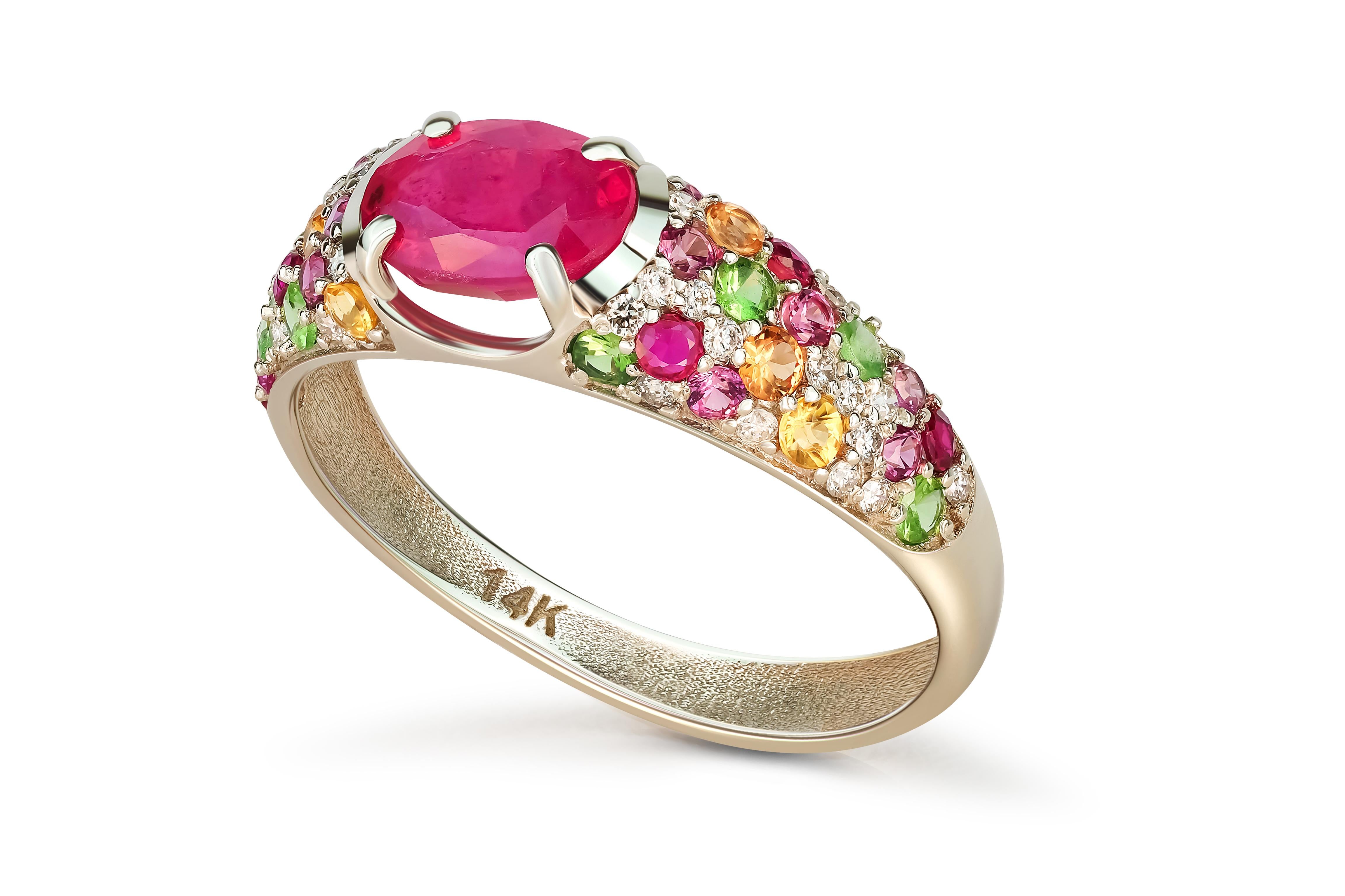 For Sale:  14k gold ruby and multicolored gemstones ring. 7