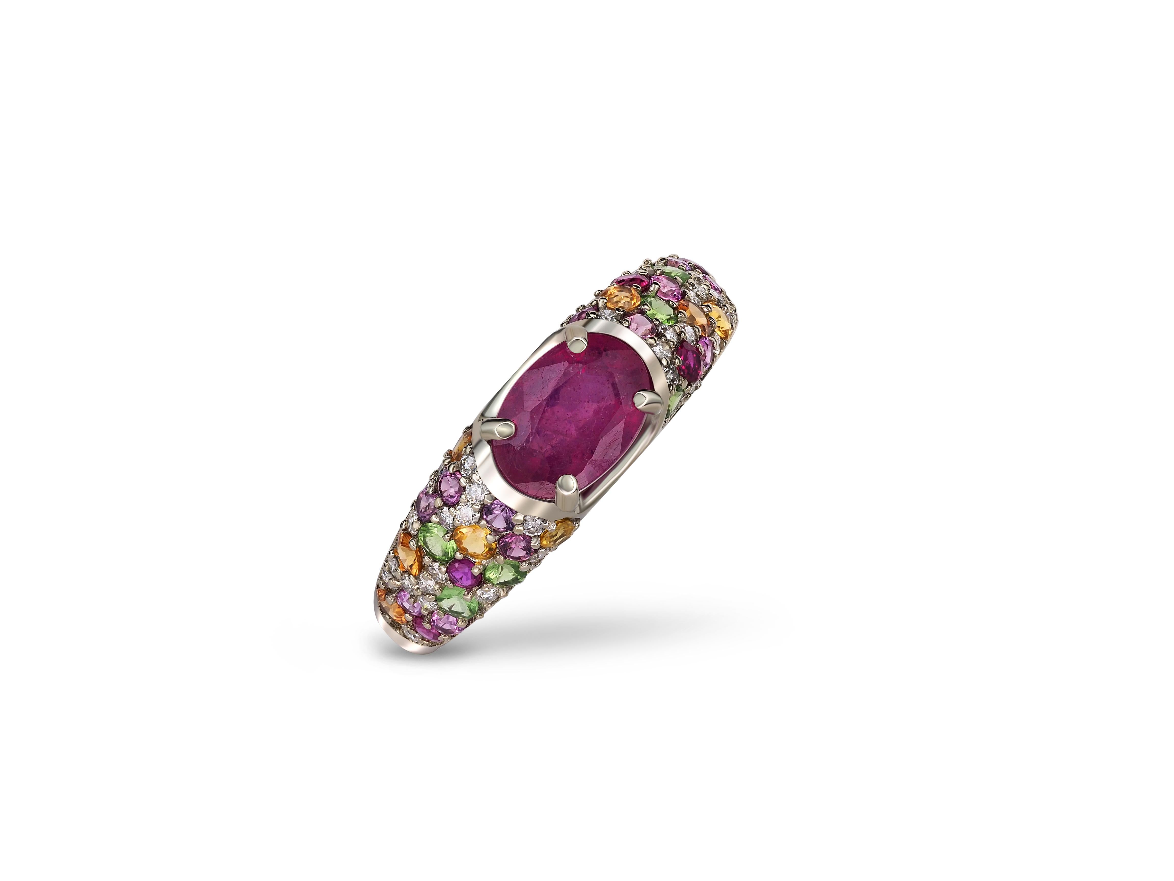For Sale:  14k gold ruby and multicolored gemstones ring. 8