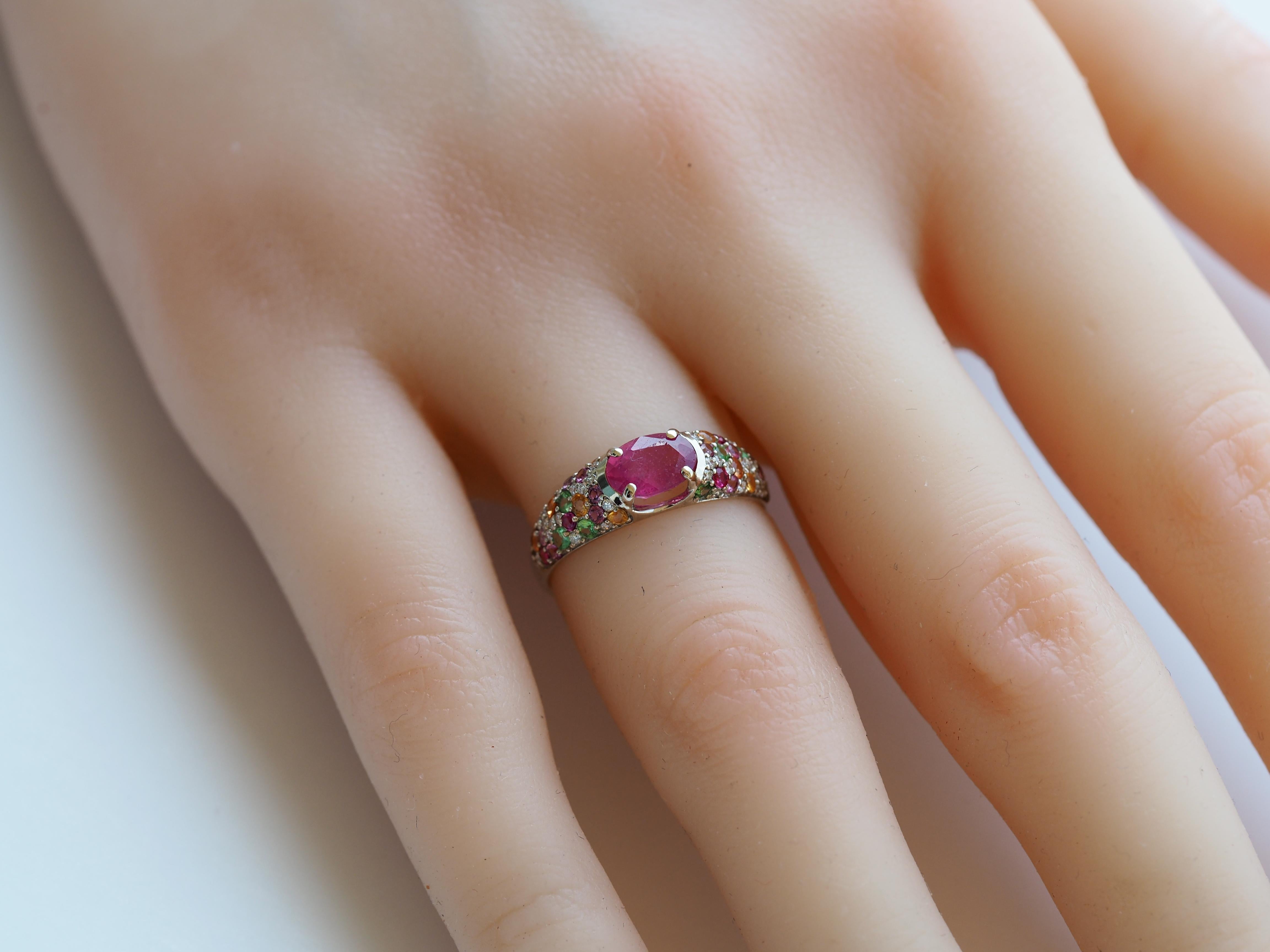 For Sale:  14k gold ruby and multicolored gemstones ring. 9