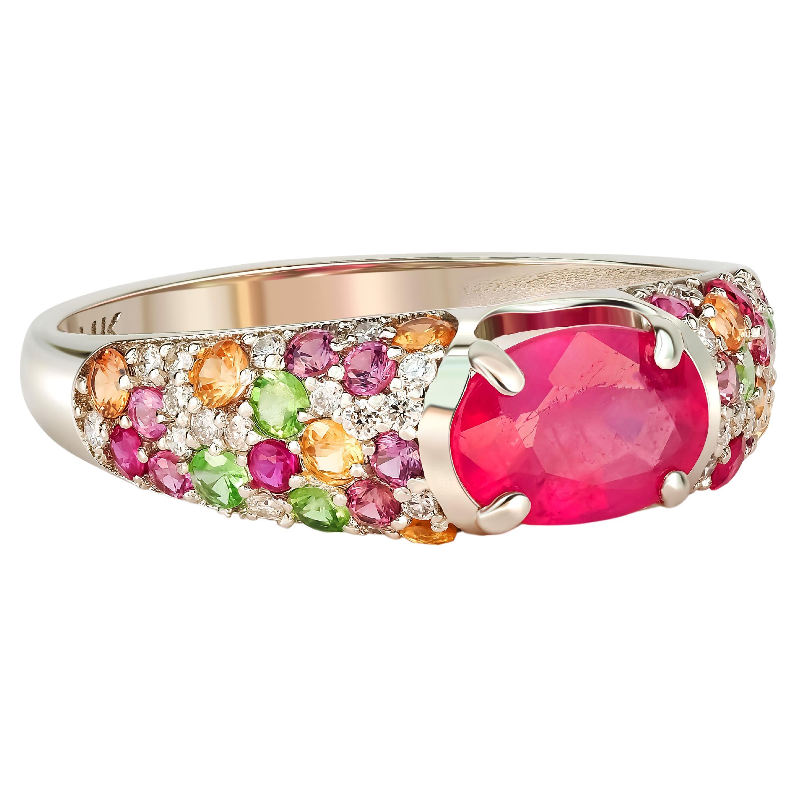 For Sale:  14k gold ruby and multicolored gemstones ring.