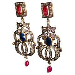 14k Gold Ruby Black Sapphire Natural Diamond Chandelier Earrings circa 1970s