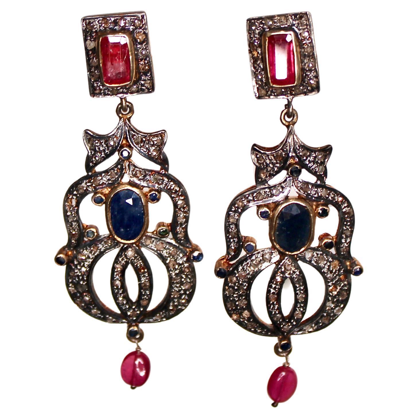 14k Gold Ruby Black Sapphire Natural Diamond Chandelier Earrings circa 1970s For Sale
