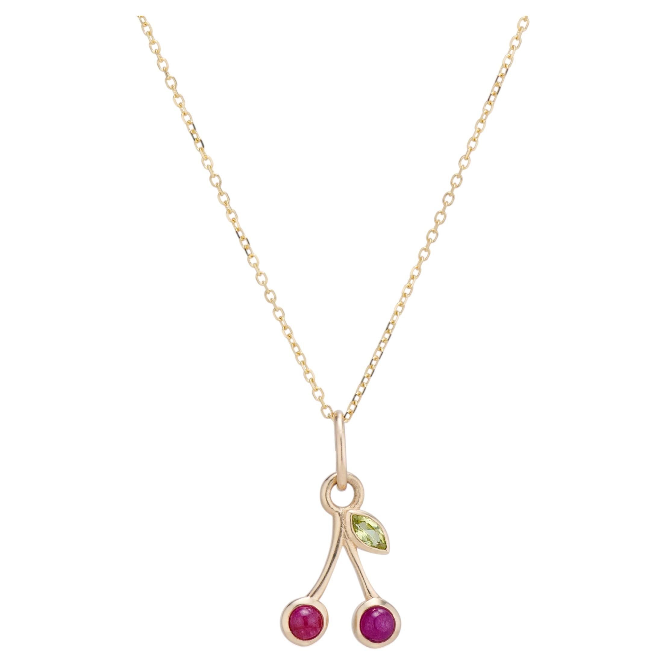 14k Gold Ruby Cabochon Cherry Pendant Necklace For Sale