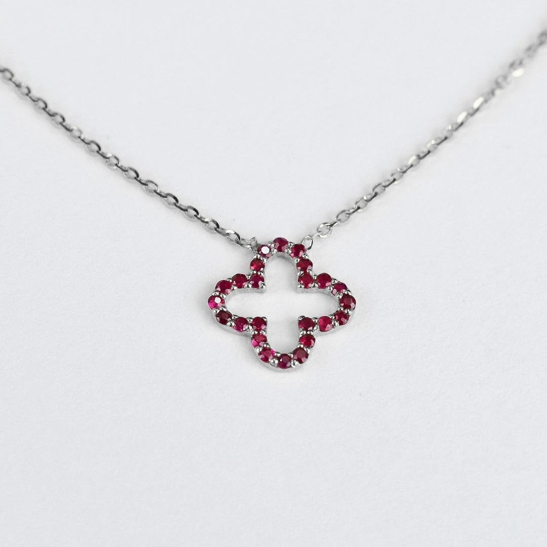 Modern 14k Gold Genuine Ruby Clover Necklace Tiny Clover Birthstone Necklace For Sale