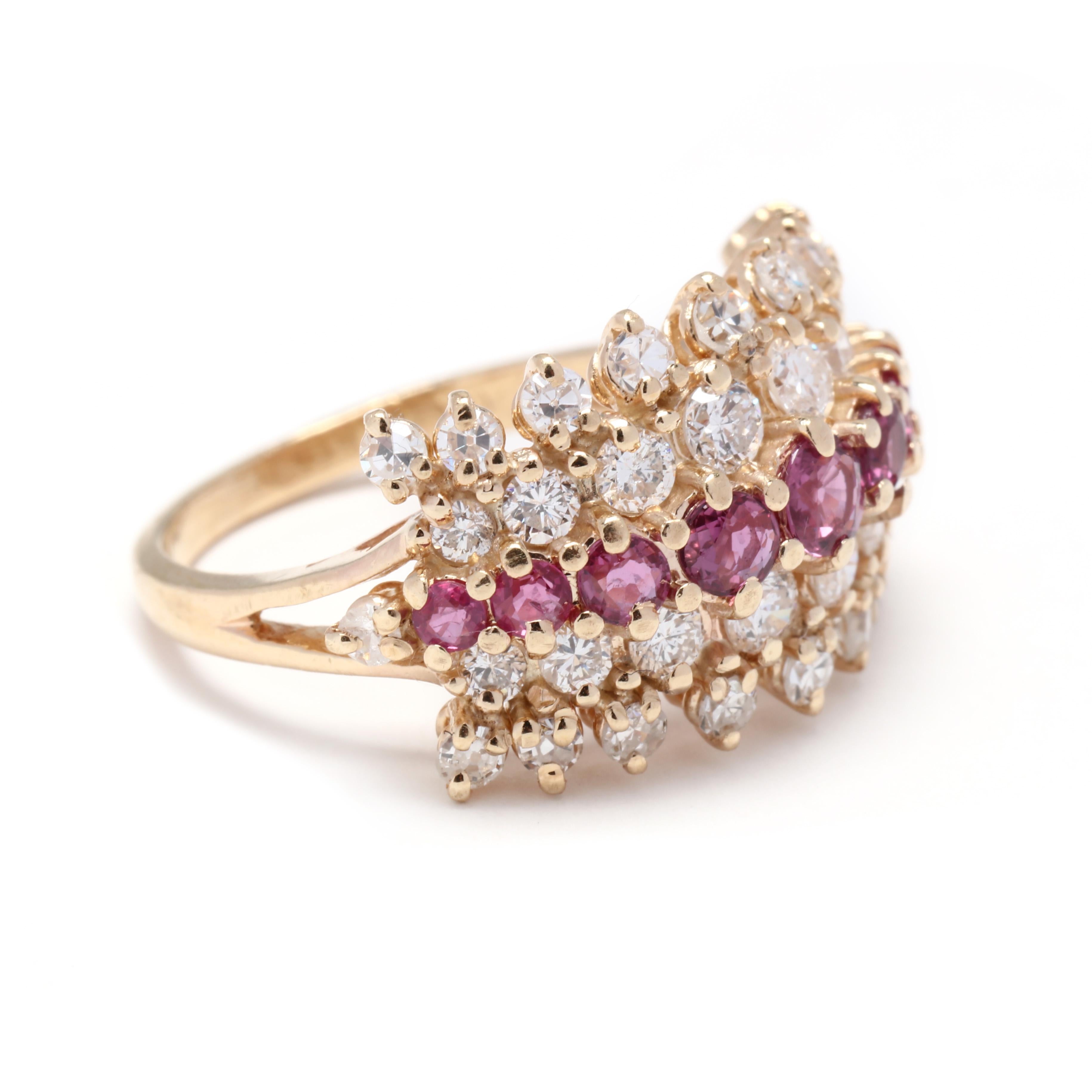 A vintage 14 karat yellow gold ruby and diamond band. This ring features a tapered center row of prong set rubies weighing approximately .89 total carats with a tapered row of round cut diamonds on either side and another row of round cut diamonds