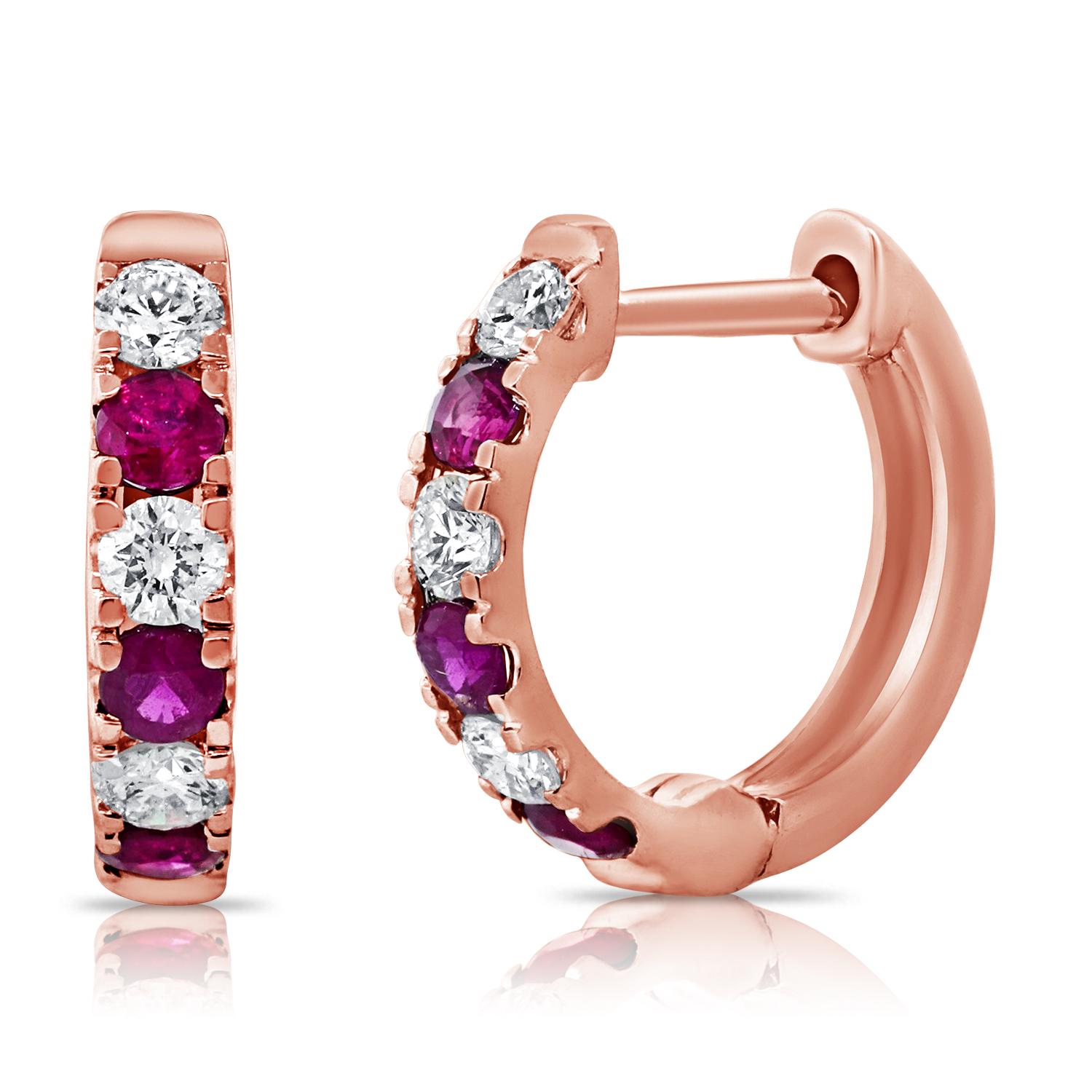 Contemporary 14K Gold Ruby & Diamond Alternating Huggie Earrings For Sale