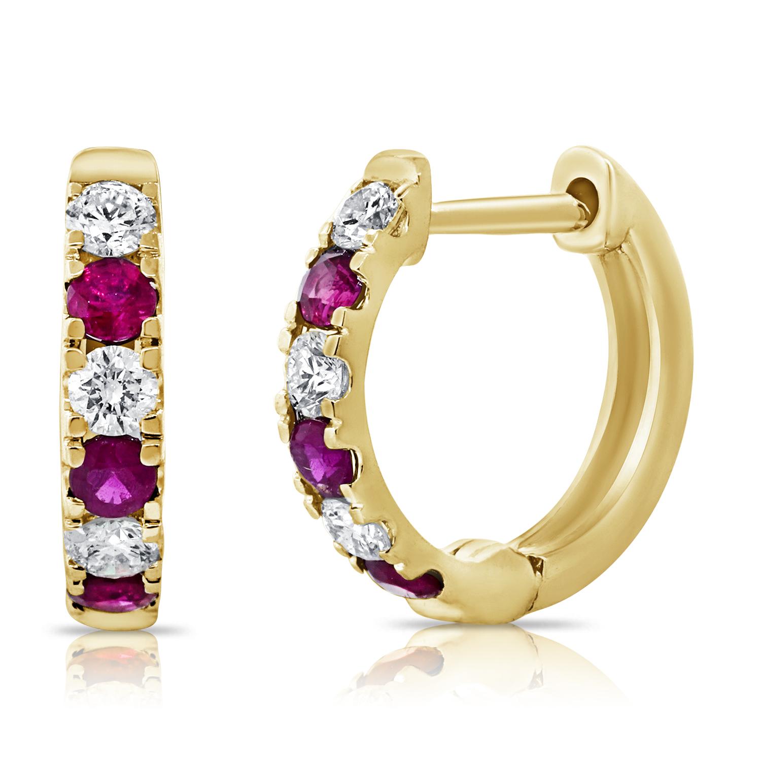Round Cut 14K Gold Ruby & Diamond Alternating Huggie Earrings For Sale