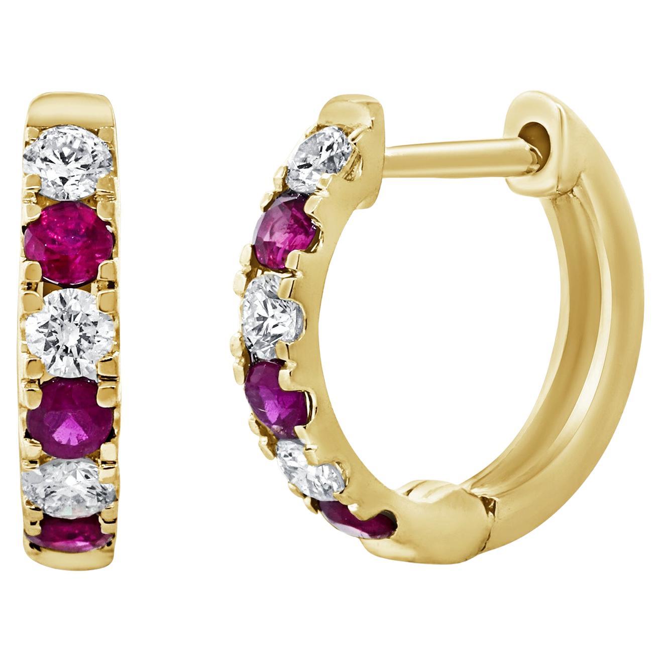 14K Gold Ruby & Diamond Alternating Huggie Earrings For Sale