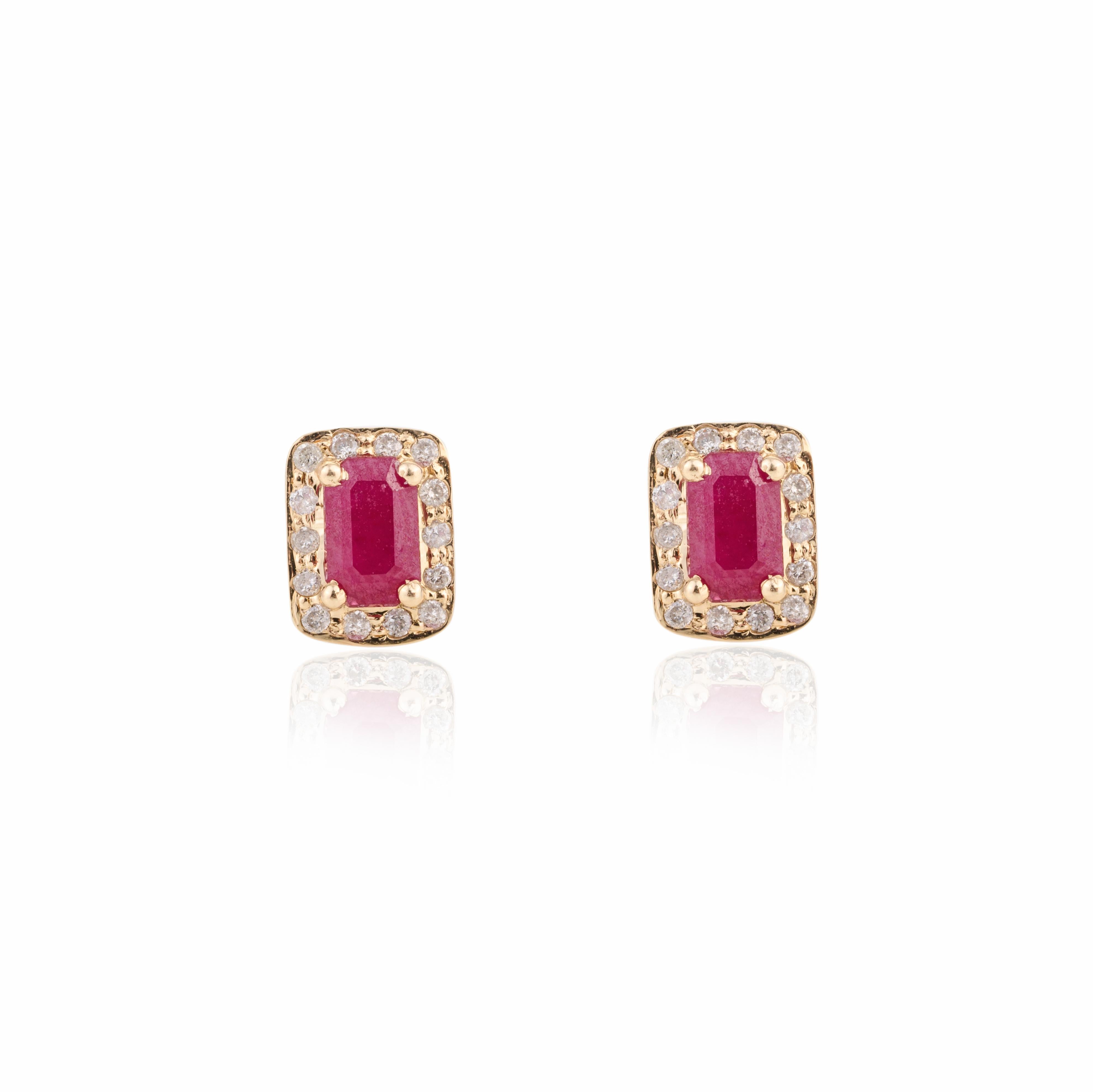 Contemporary 14k Gold Ruby Diamond Halo Stud Earrings Timeless Jewelry for Her For Sale