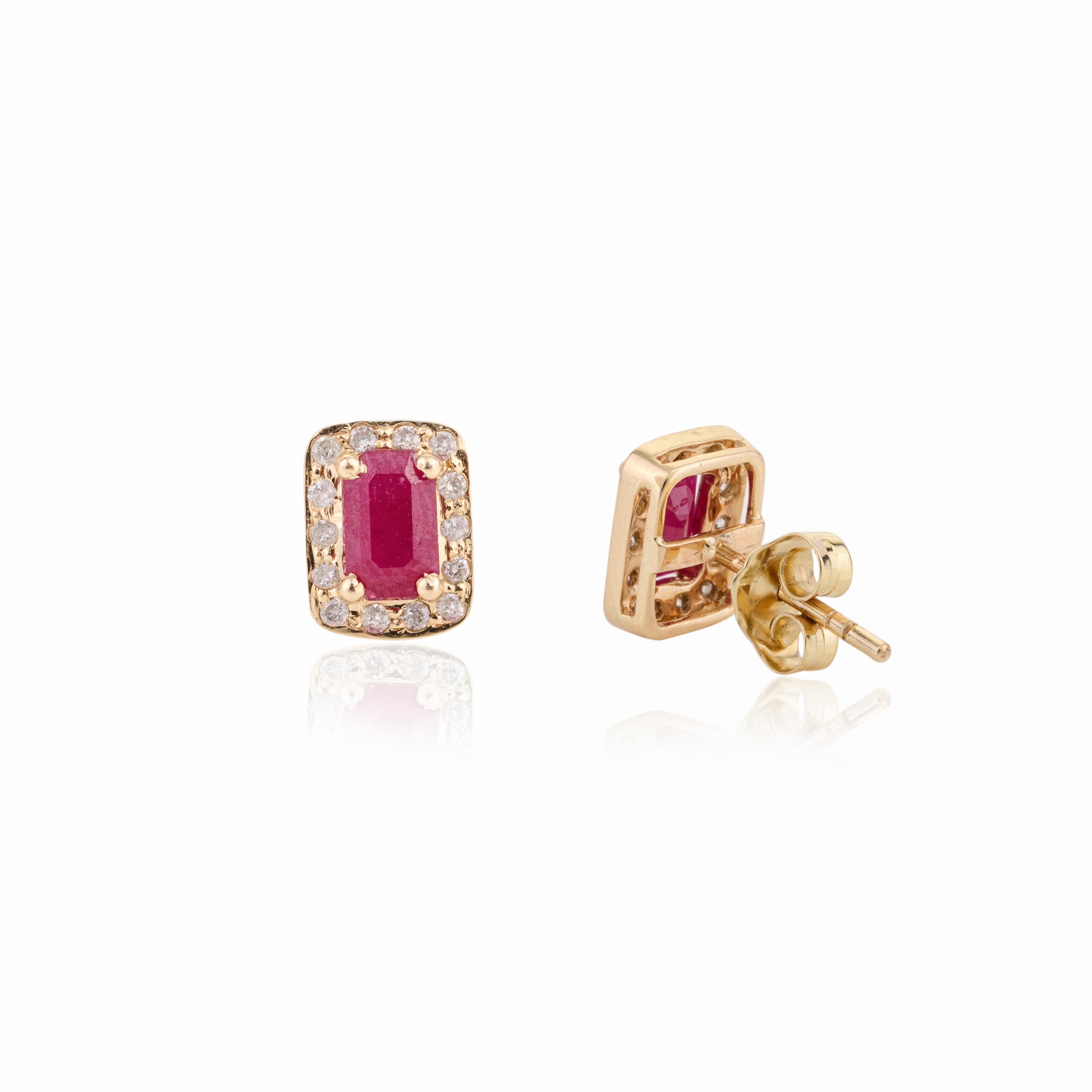Women's 14k Gold Ruby Diamond Halo Stud Earrings Timeless Jewelry for Her For Sale