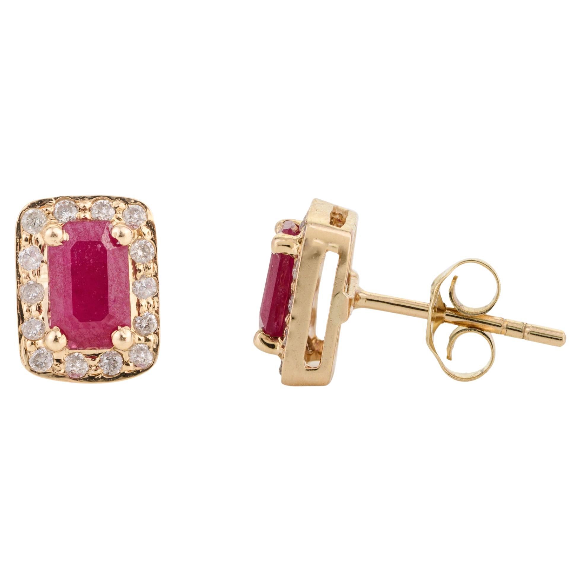 14k Gold Ruby Diamond Halo Stud Earrings Timeless Jewelry for Her For Sale