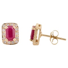 14k Gold Ruby Diamond Halo Stud Ears Timeless Jewelry for Her