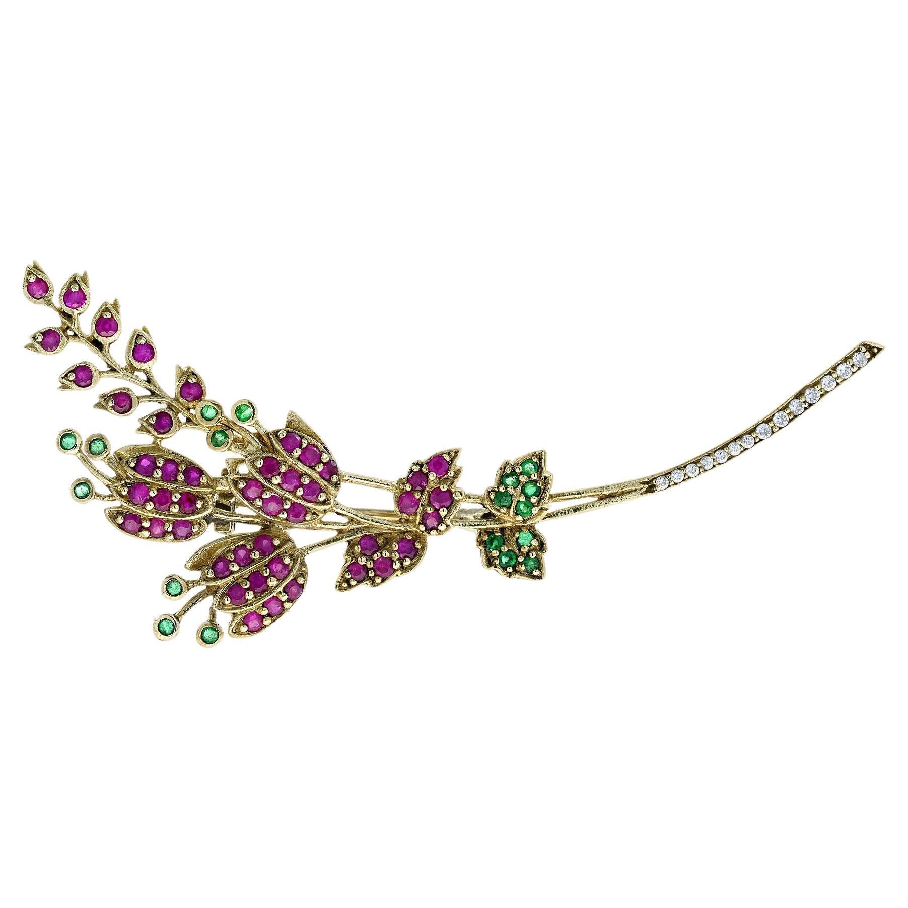 14k Gold Ruby Emerald and Diamond Vintage Style Floral Bouquet Brooch