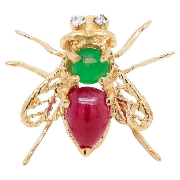 14K Gold, Ruby, Emerald, & Diamond Figural Insect or Bee Brooch or Pin