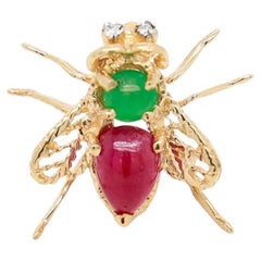 Vintage 14K Gold, Ruby, Emerald, & Diamond Figural Insect or Bee Brooch or Pin