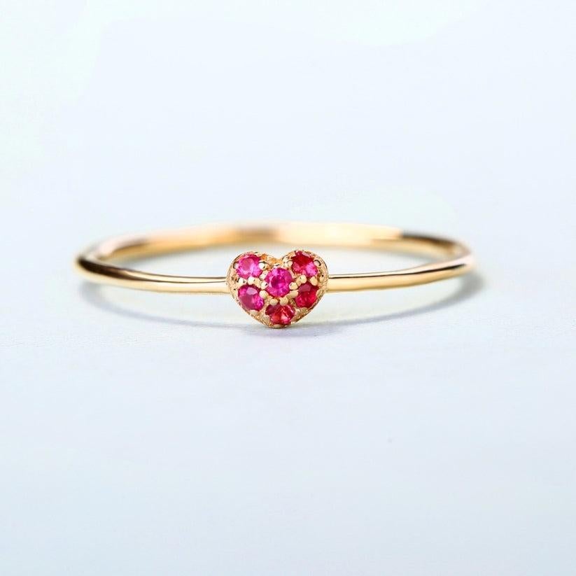 For Sale:  Heart Cluster Round Ruby 14K Rose Gold Ring 4