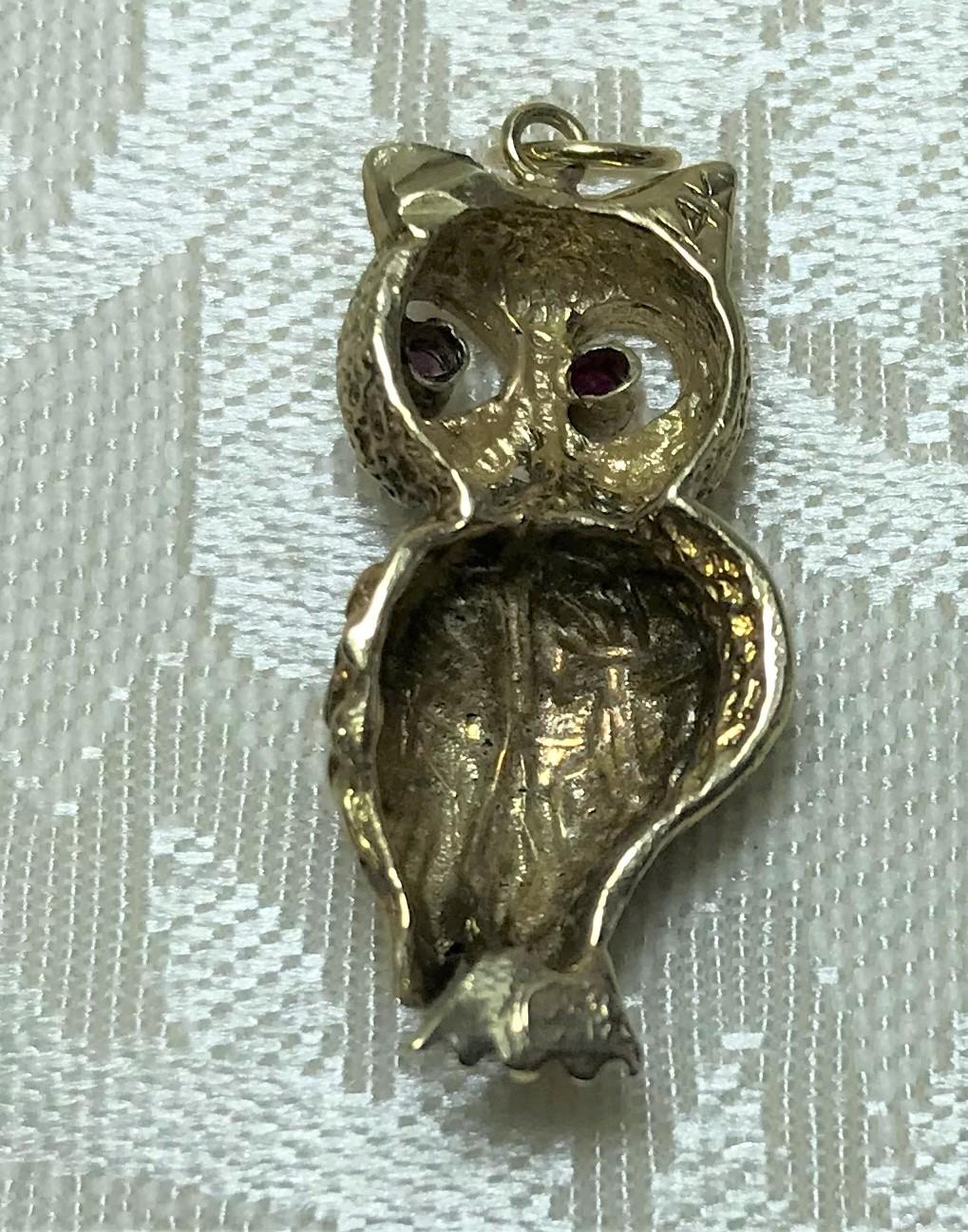 Round Cut 14 Karat Gold Ruby Owl Charm