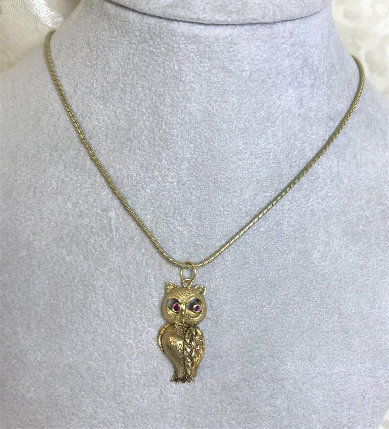 14 Karat Gold Ruby Owl Charm at 1stDibs