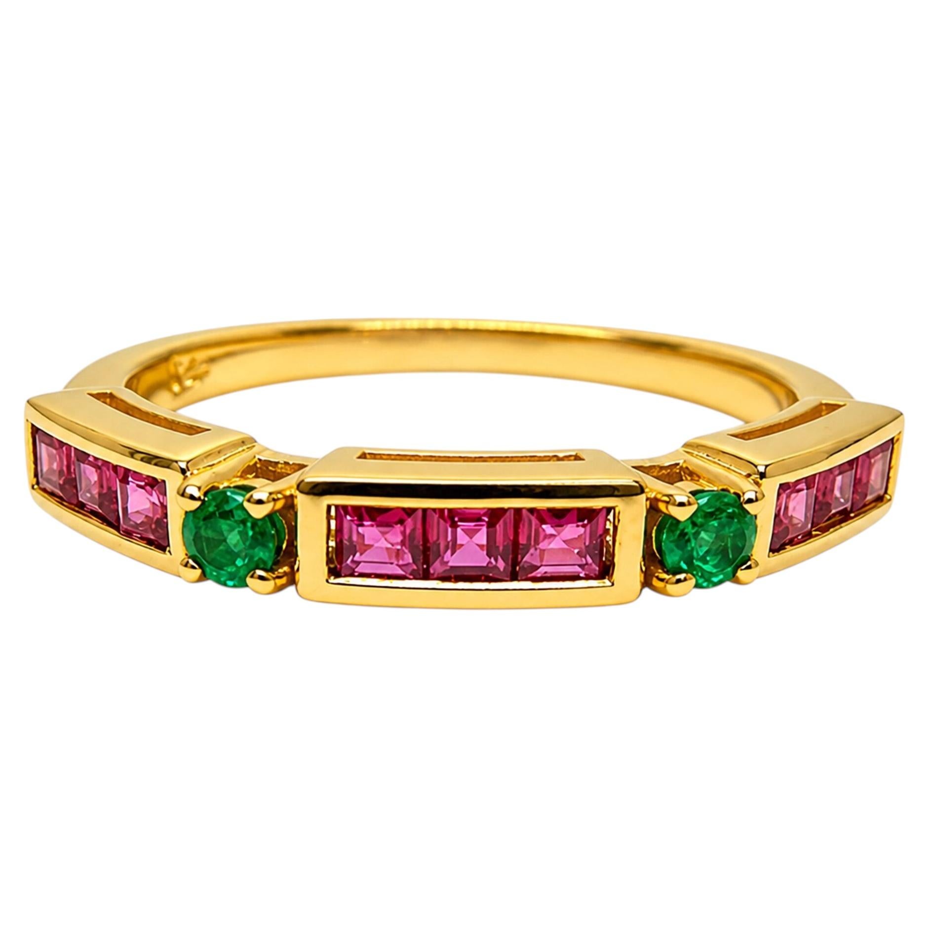 14K Gold Ruby Ring with Emerald Accents Minimalist Ruby Emerald Ring Unisex
