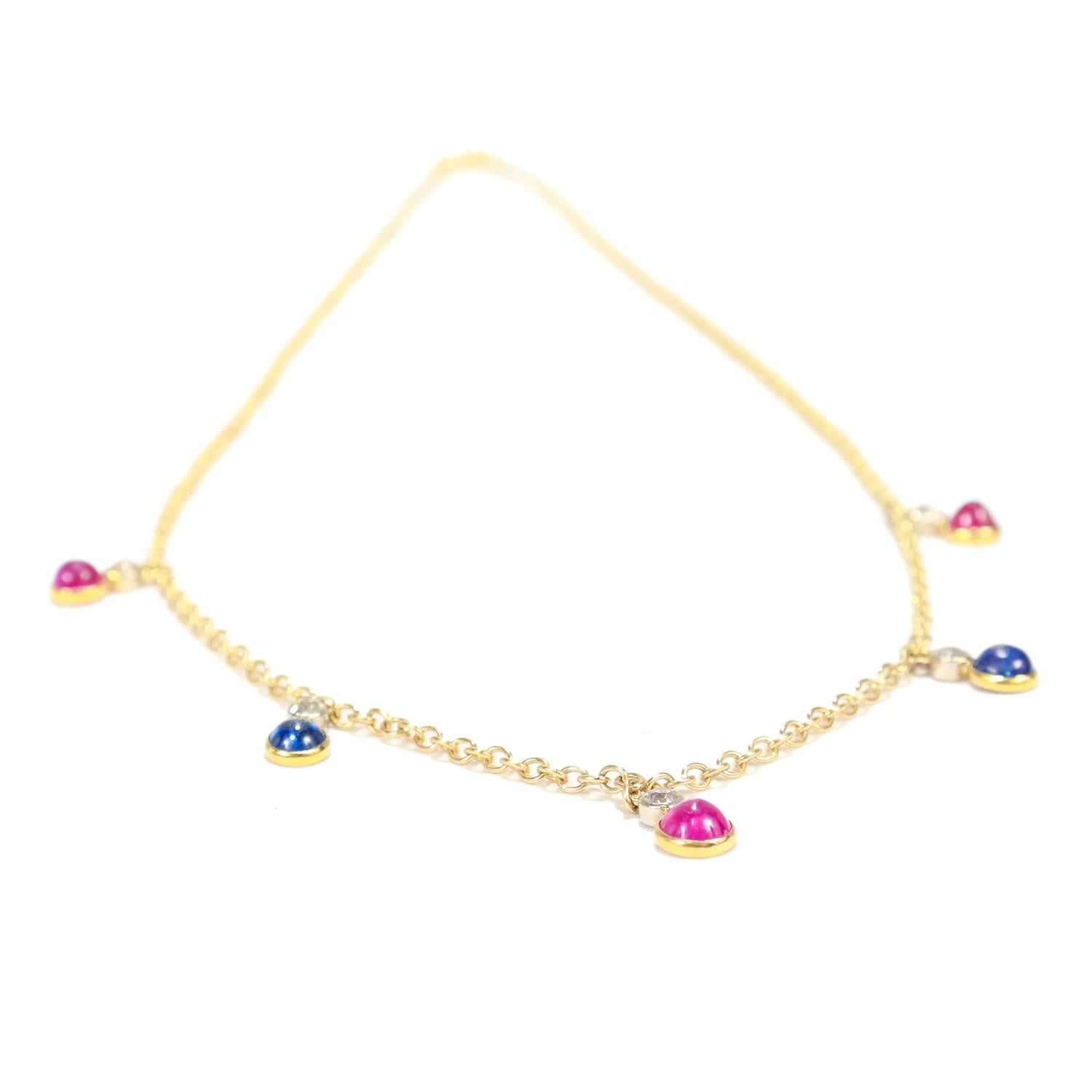 Collar de oro de 14 quilates, rubí, zafiro y diamantes con gota de estación en venta 5