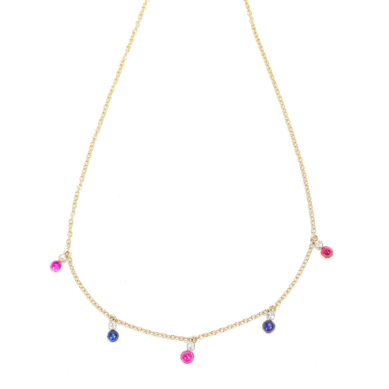 Collar de oro de 14 quilates, rubí, zafiro y diamantes con gota de estación en Bueno estado para la venta en Philadelphia, PA