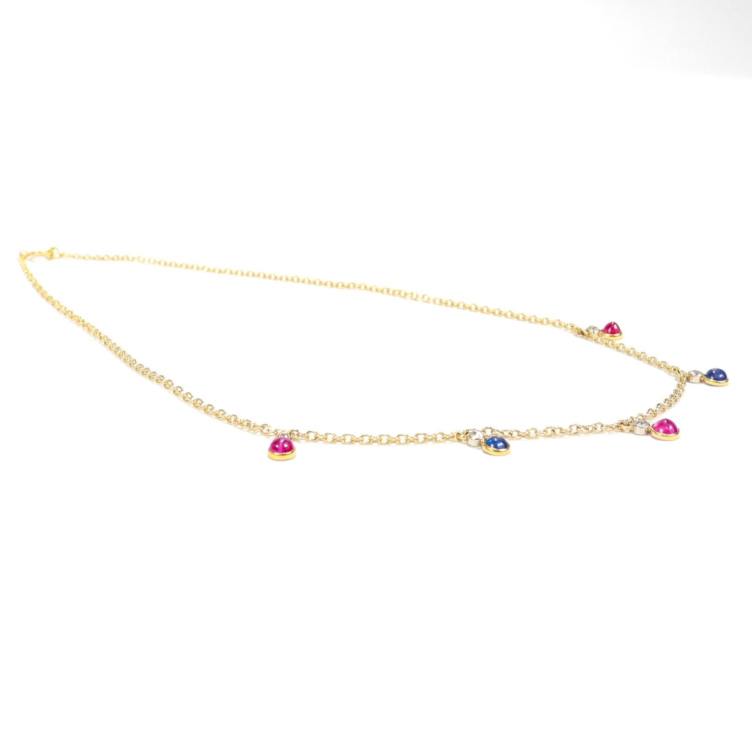 Collar de oro de 14 quilates, rubí, zafiro y diamantes con gota de estación en venta 4