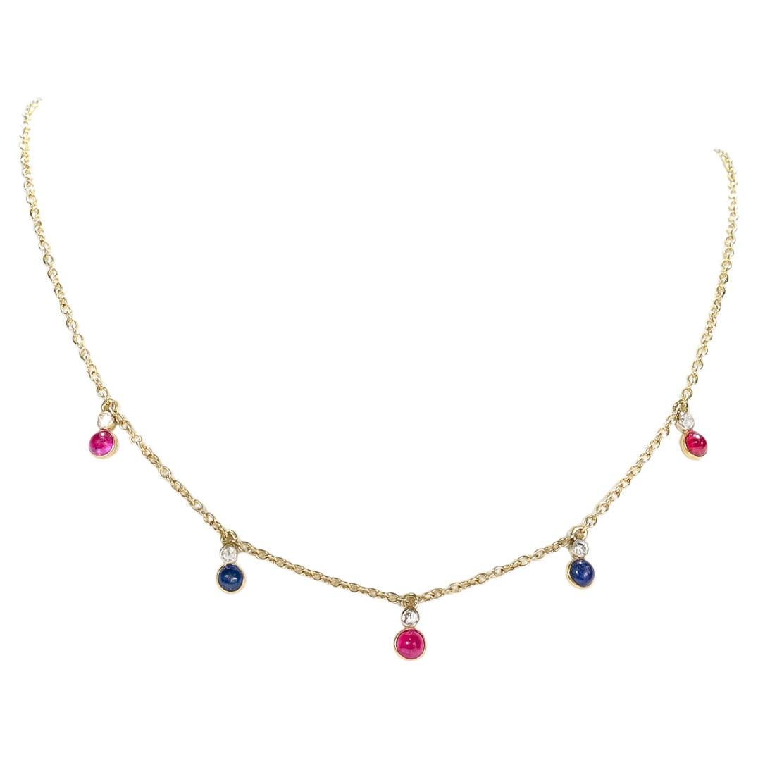 Collar de oro de 14 quilates, rubí, zafiro y diamantes con gota de estación