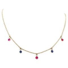 14K Gold, Ruby, Sapphire, & Diamond Station Drop Necklace