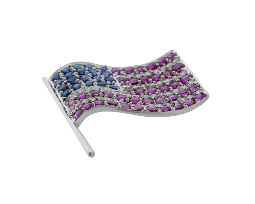 Round Cut 14K Gold Ruby Sapphire Diamond USA American Flag Brooch For Sale