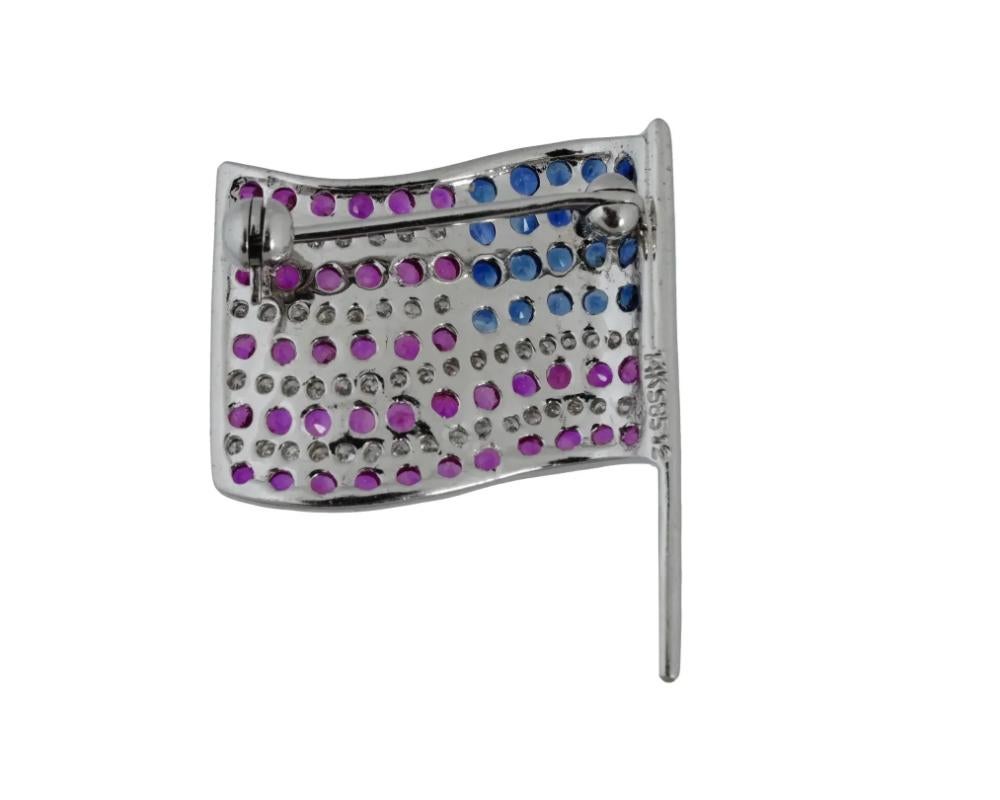 Or 14K Rubis Saphir Diamant USA Drapeau Américain Broche Bon état - En vente à New York, NY