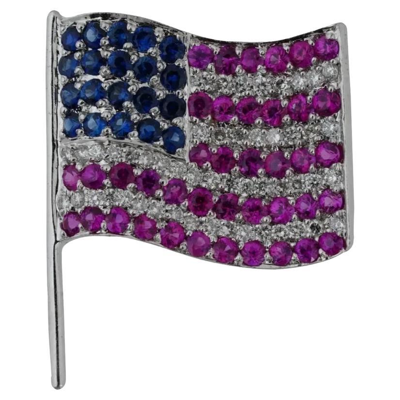 14K Gold Ruby Sapphire Diamond USA American Flag Brooch For Sale