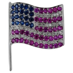 Broche drapeau américain en or 14 carats, rubis, saphir et diamants