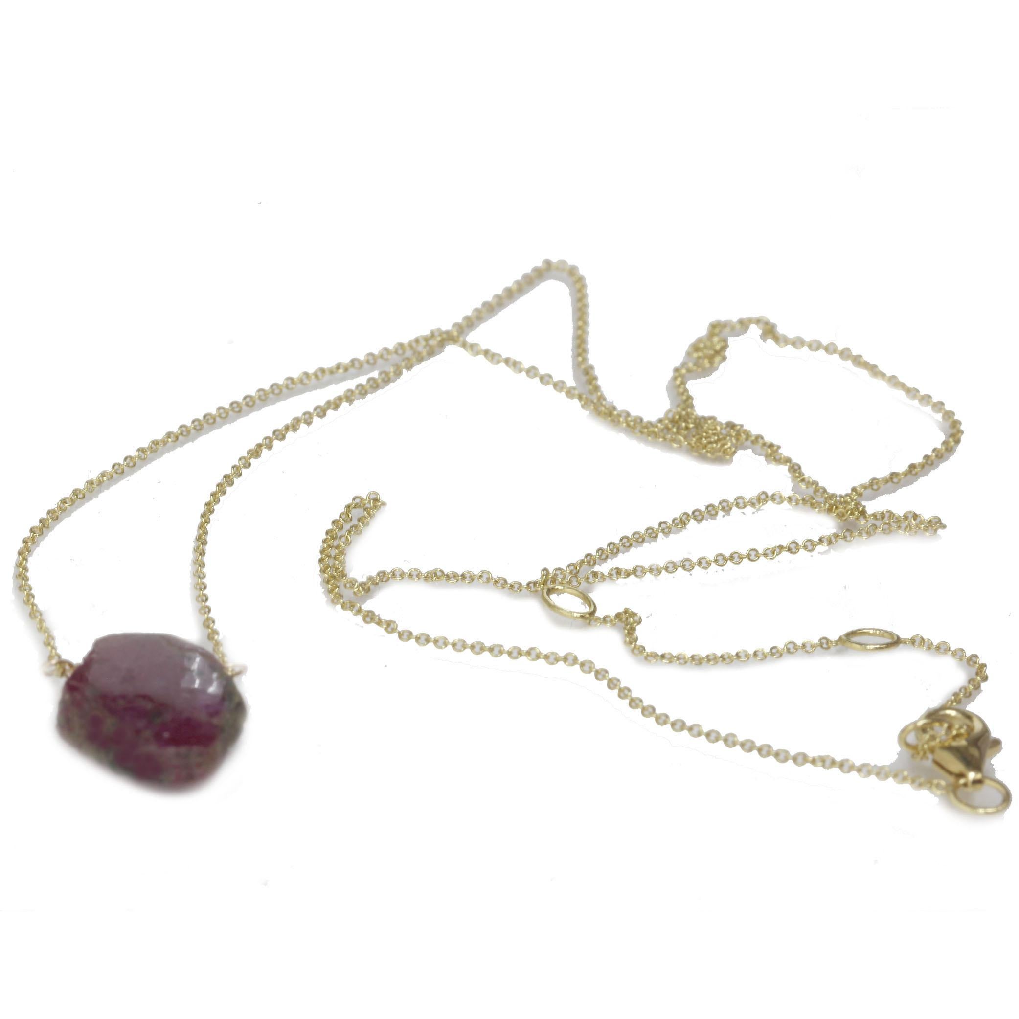This ruby necklace is made of solid 14k yellow gold chain and hypoallergenic. This ruby necklace can be worn 16, 17 and 18 inches. Each ruby slice necklace is unique. Each ruby is selected carefully and every necklace is unique. Please note, as no