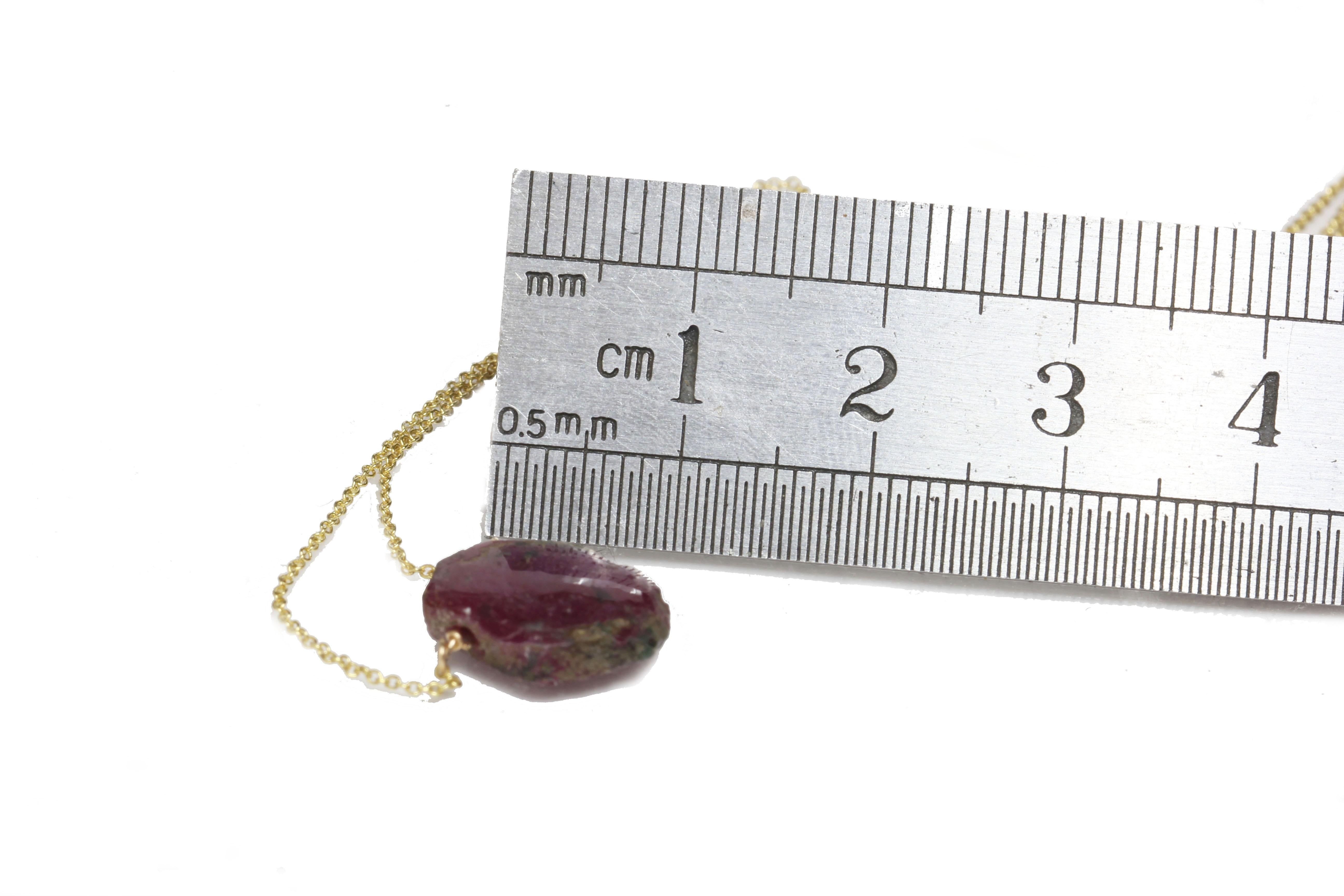 Uncut 14K Gold Ruby Slice Necklace, Adjustable Chain, Unique Statement Jewelry, modern For Sale