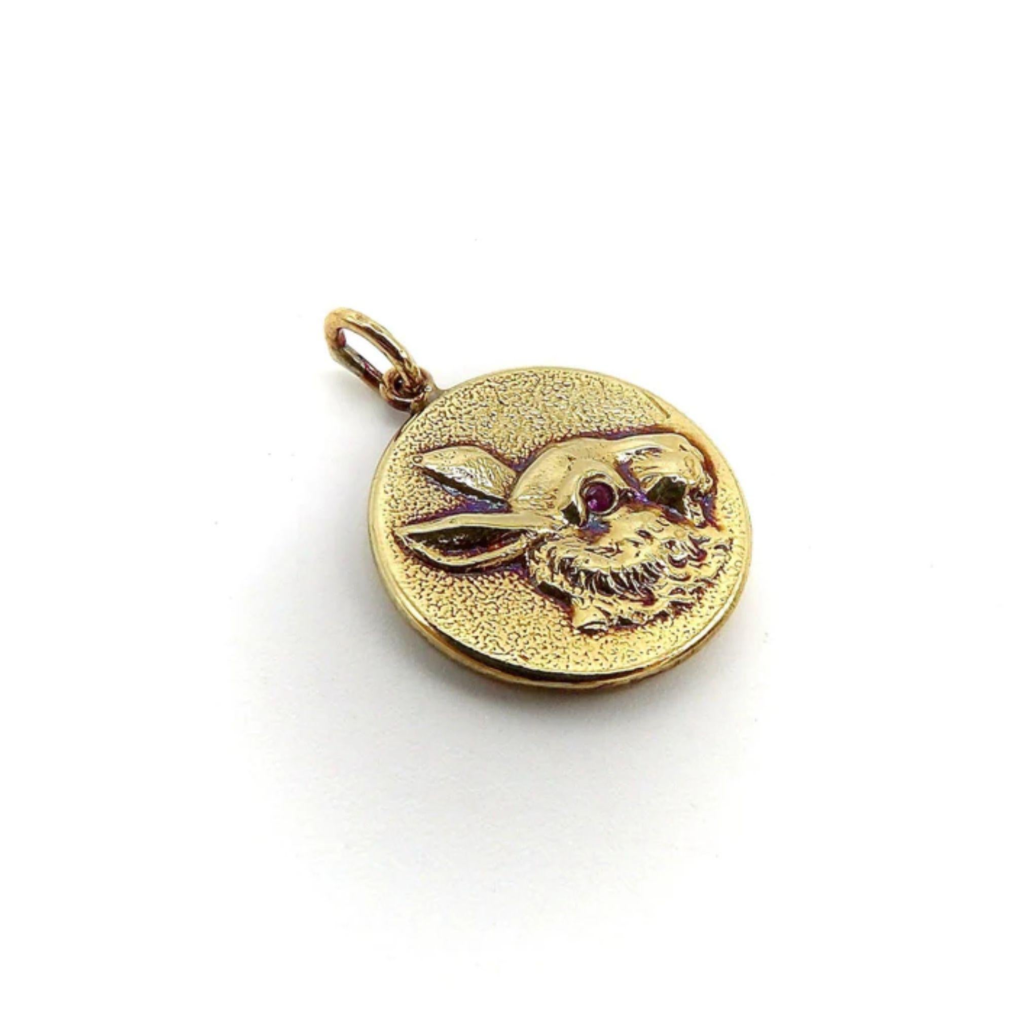 Contemporary 14k Gold & Ruby Victorian Inspired Signature Rabbit Pendant-Charm For Sale