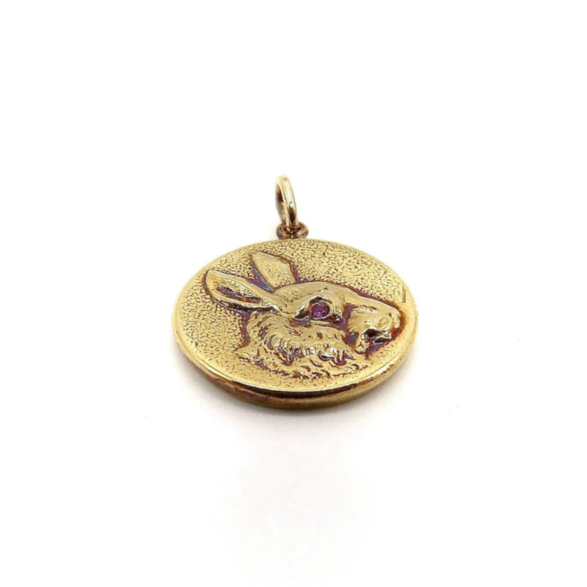 Single Cut 14k Gold & Ruby Victorian Inspired Signature Rabbit Pendant-Charm For Sale