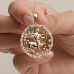 14K Gold Sagittarius 0.71 Ct Diamond 0.60 Ct Emerald Zodiac Pendant Fine Jewelry