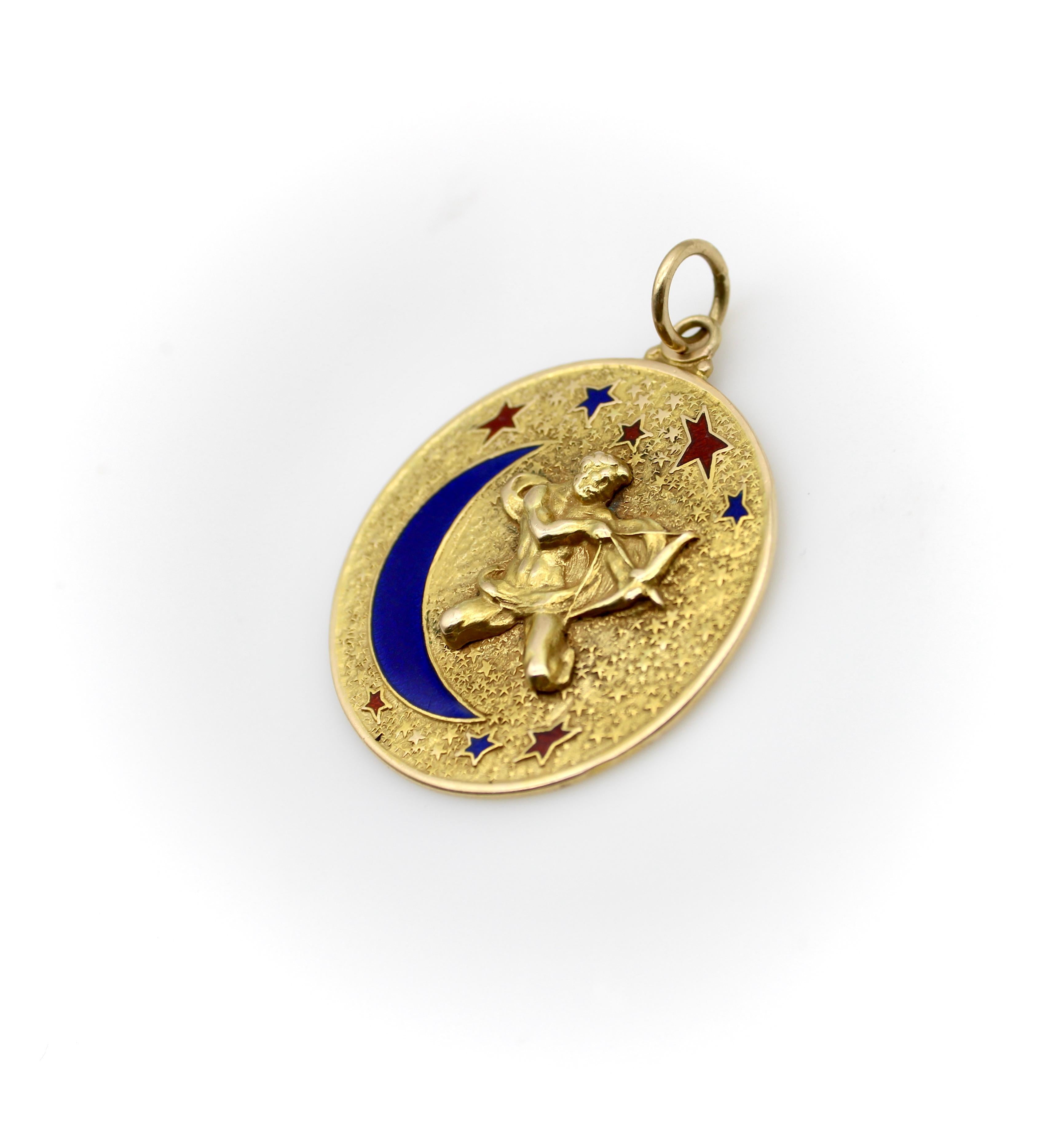 14K Gold Schütze emaillierter Mond und Stern Anhänger (Moderne)