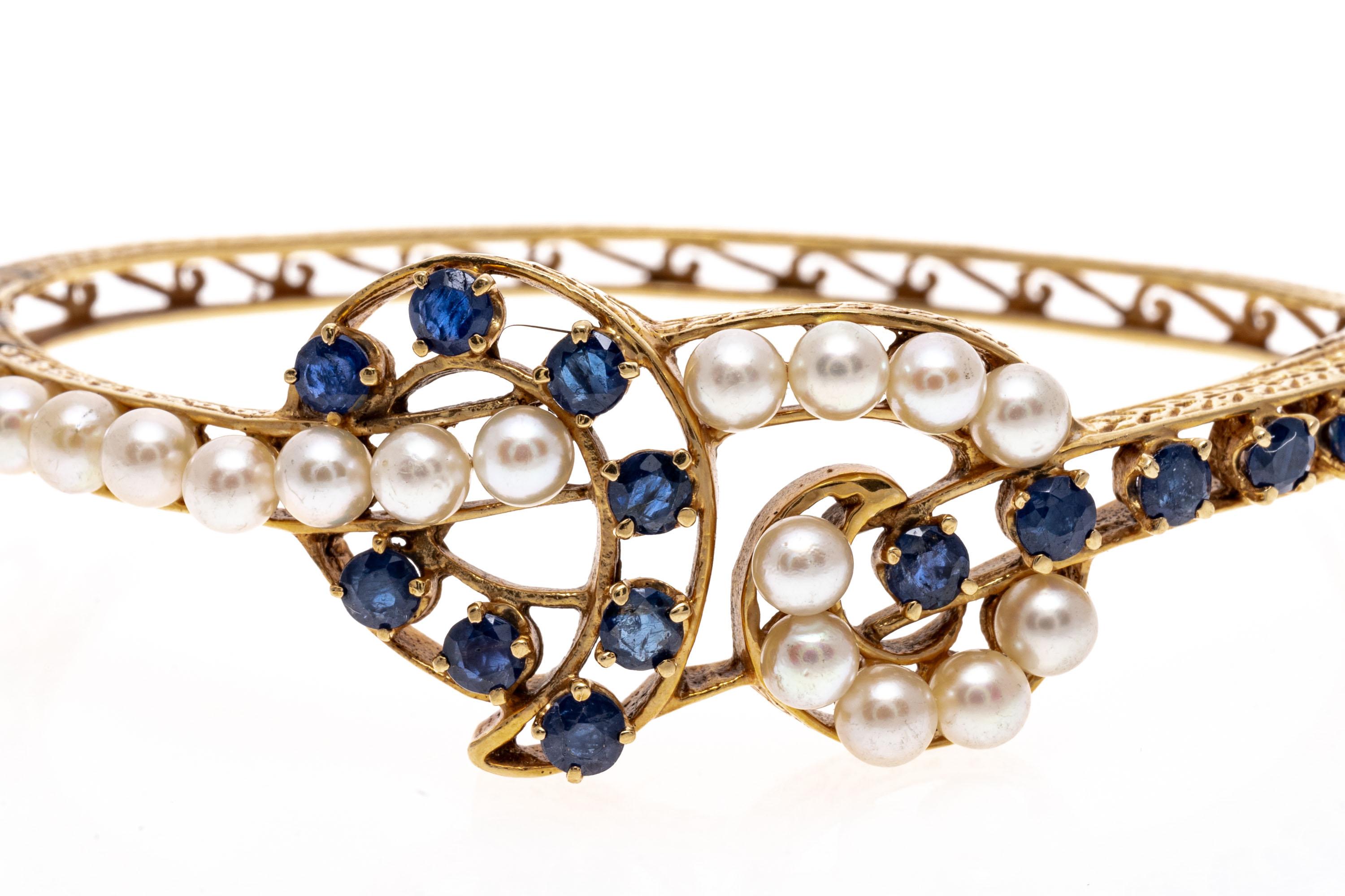 Retro 14K Gold, Sapphire and Cultured Pearl Knot Motif Bangle Bracelet For Sale