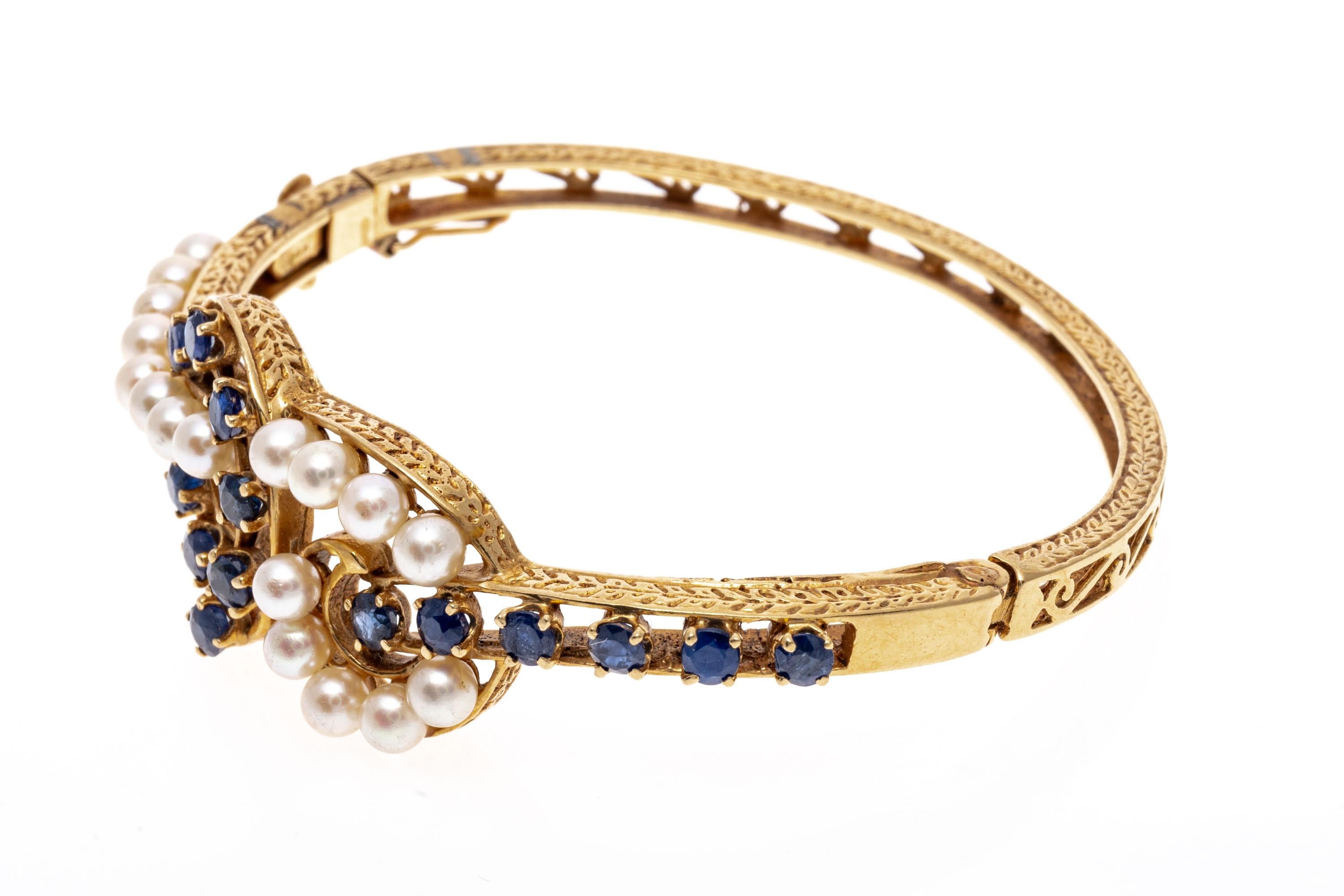 Round Cut 14K Gold, Sapphire and Cultured Pearl Knot Motif Bangle Bracelet For Sale