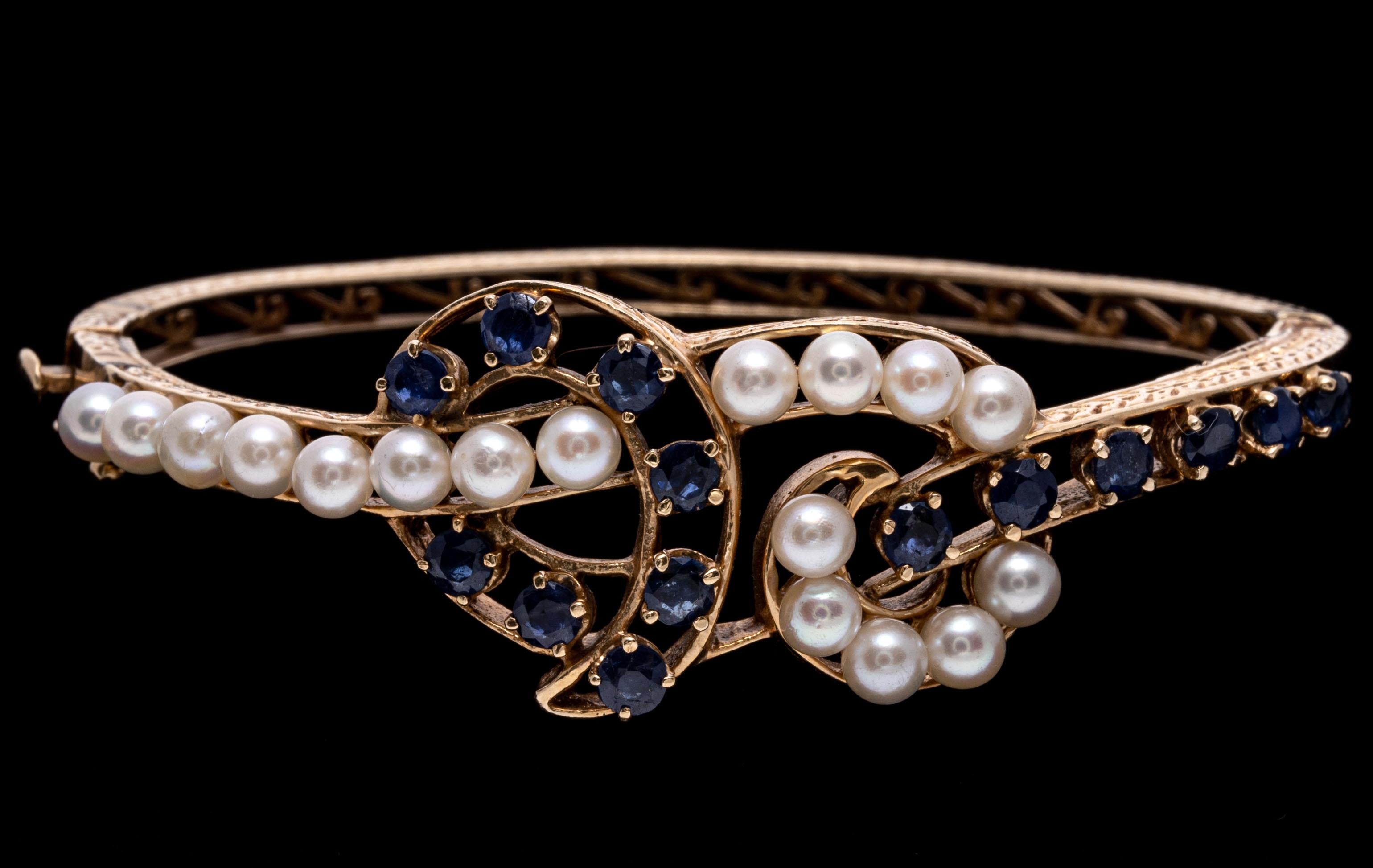 14K Gold, Sapphire and Cultured Pearl Knot Motif Bangle Bracelet For Sale 2