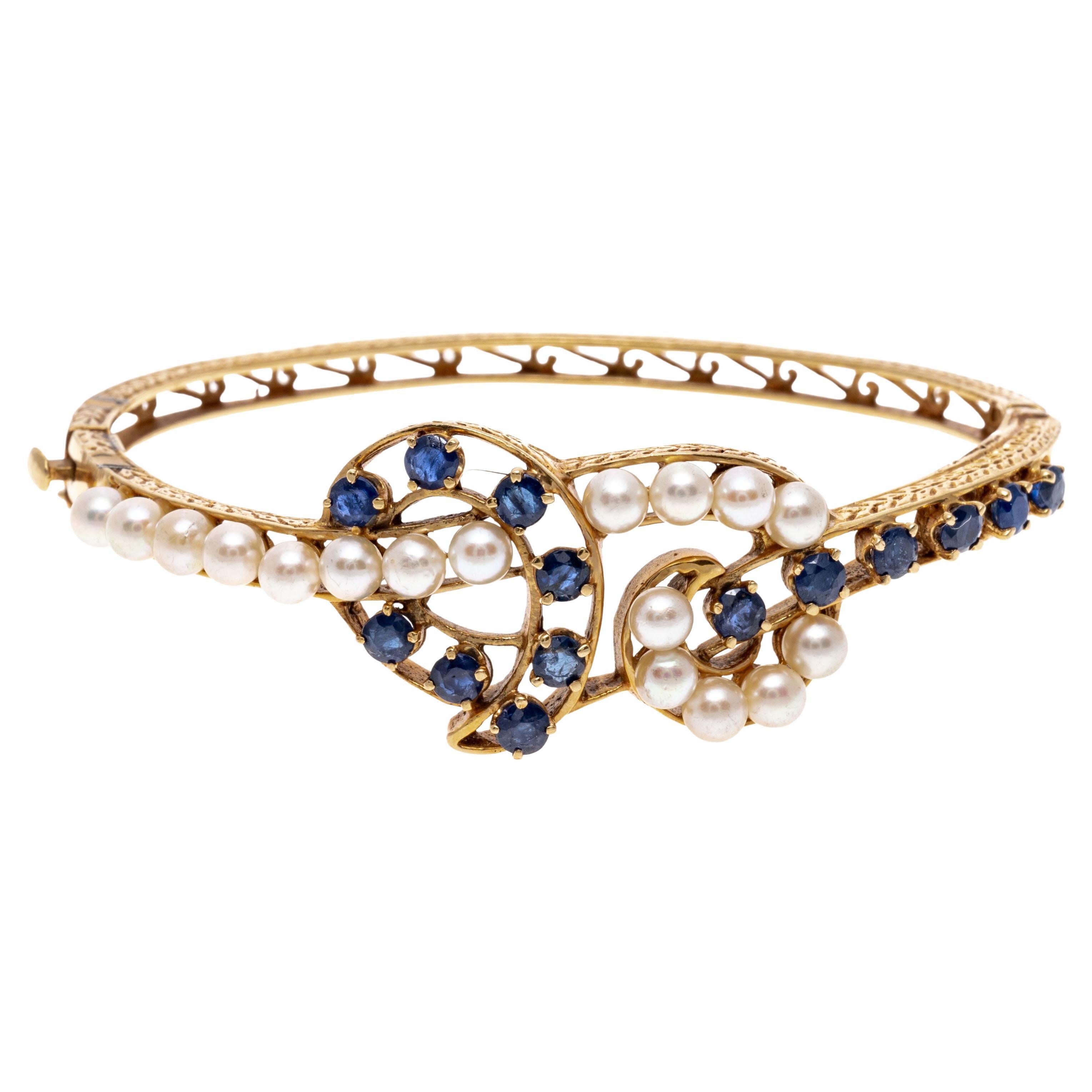 14K Gold, Sapphire and Cultured Pearl Knot Motif Bangle Bracelet