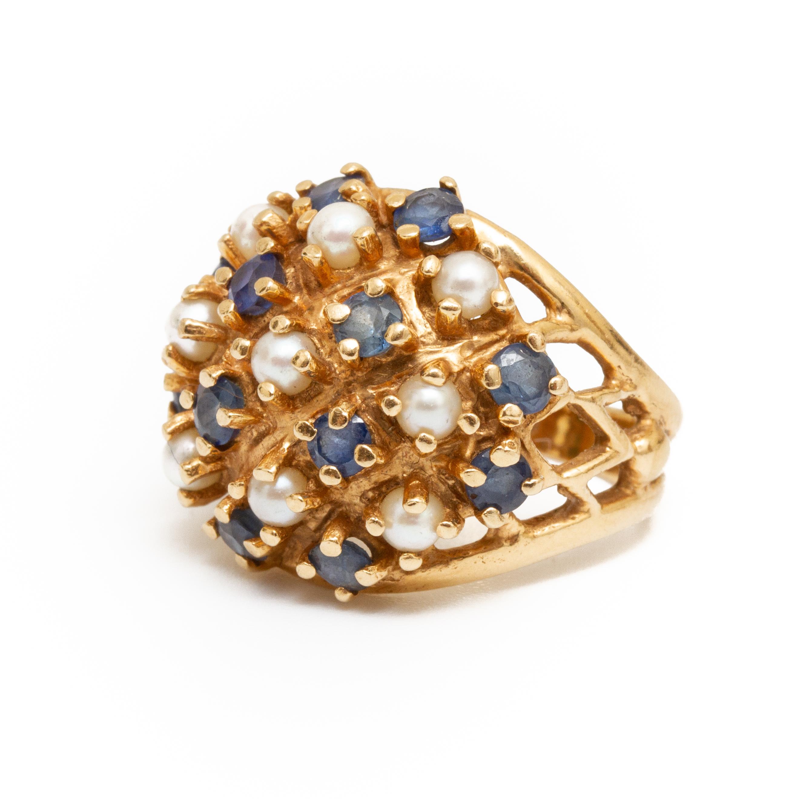 Mixed Cut 14k Gold, Sapphire and Seed Pearl Ring