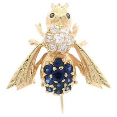 14k Gold Sapphire Cubic Zirconia Detailed Bumble Bee Fly Petite Pin Brooch