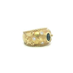 14k Gold Sapphire & Diamond Matte Scroll Work Twisted Cable Wide Cigar Band Ring